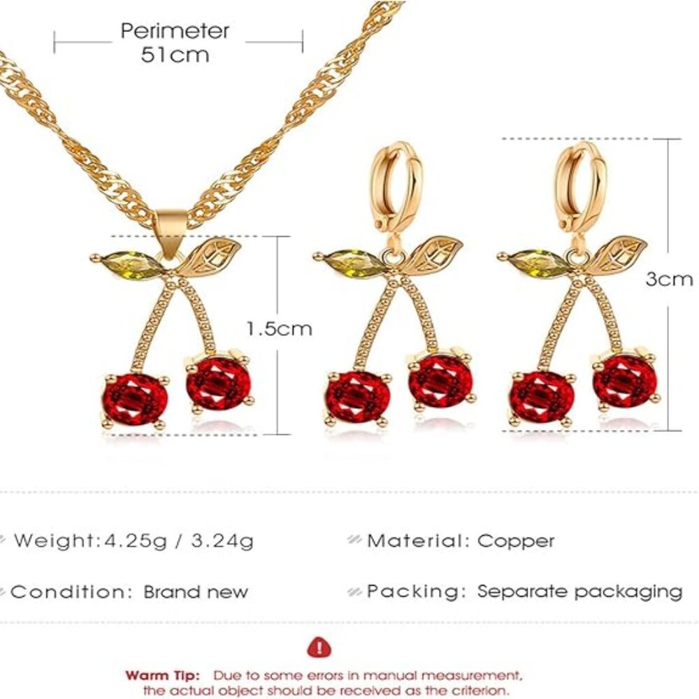 Cherry Red Crystal Necklace Earrings Jewelry Gift Set - Picture 6 of 7